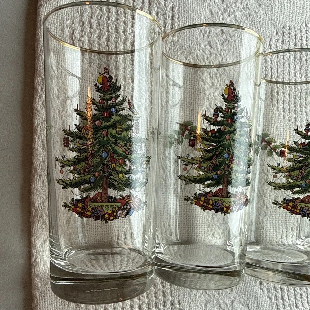 Spode Highball Tumbler Glass Christmas Tree Pattern Set of 4 6.25
